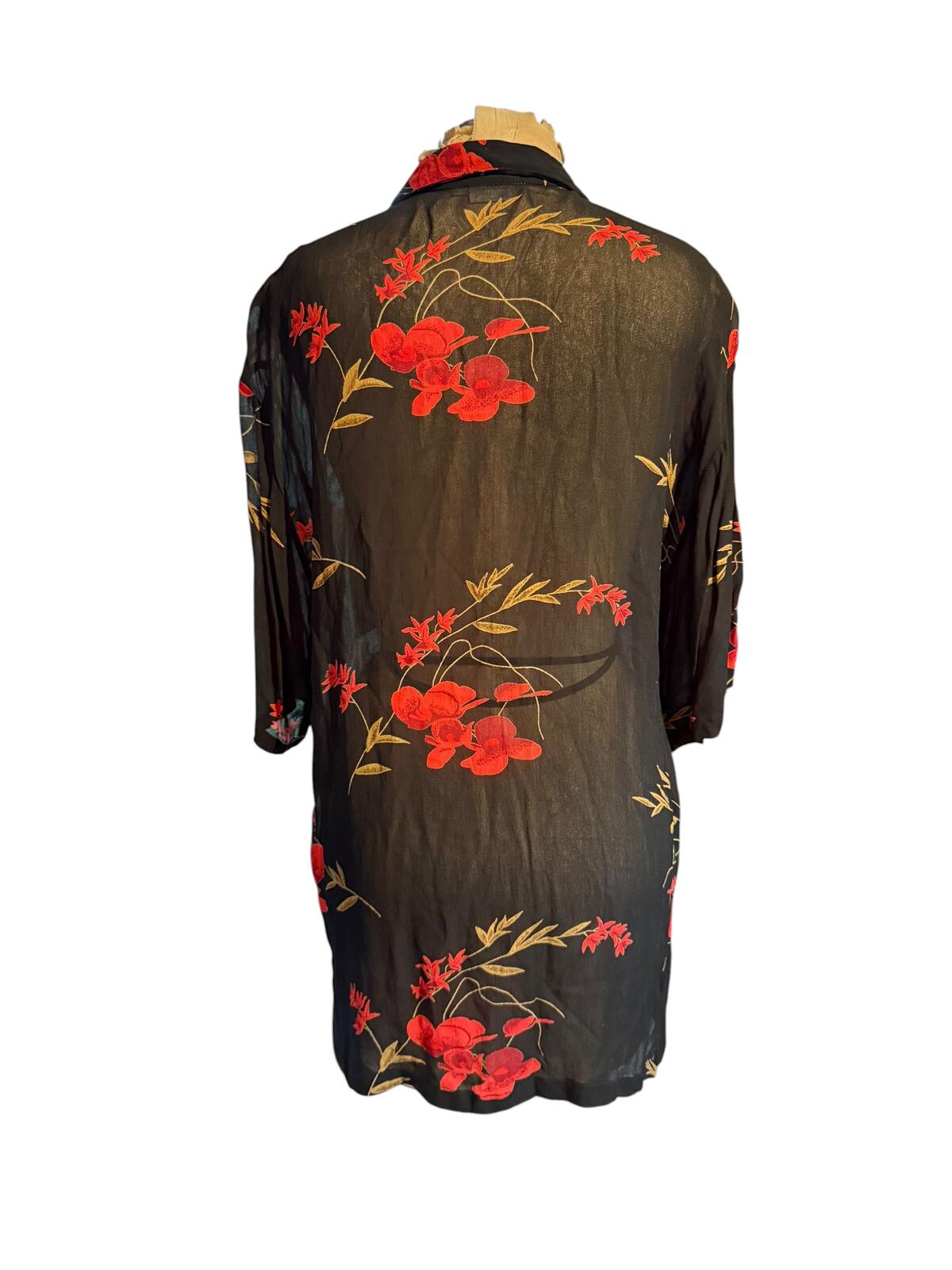 Sheer Black Floral Button-Up Long Shirt