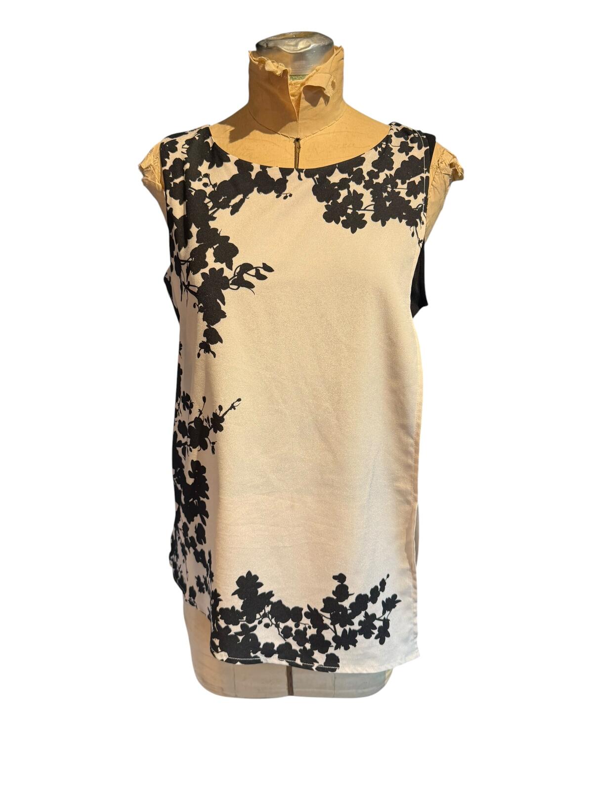 Sleeveless Beige and Black Floral Print Top