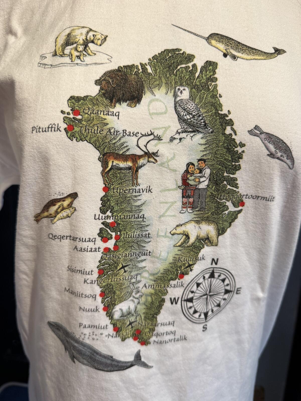 White Graphic T-Shirt with Greenland Map and Marine Life Print