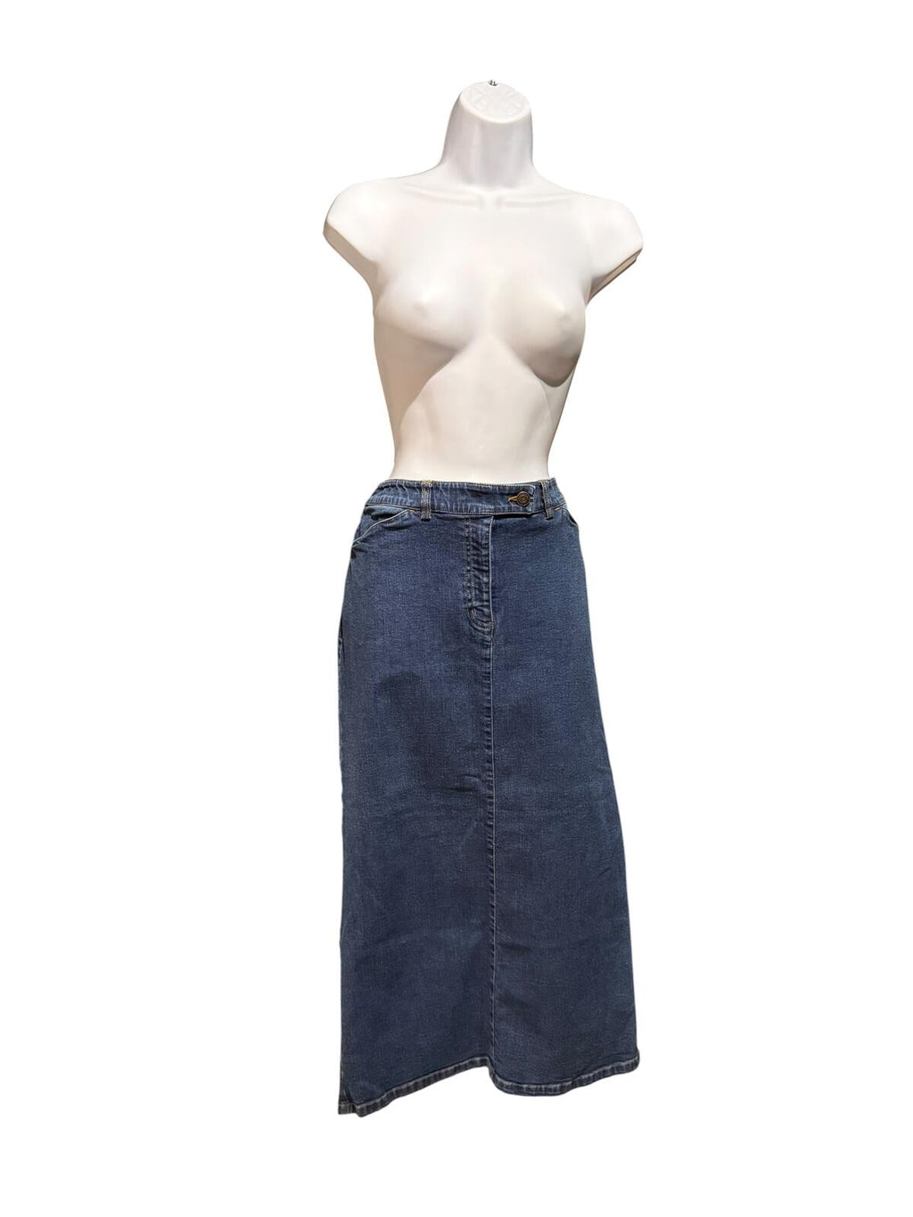 Westbound Classic Blue Denim Midi Skirt with Back Pockets