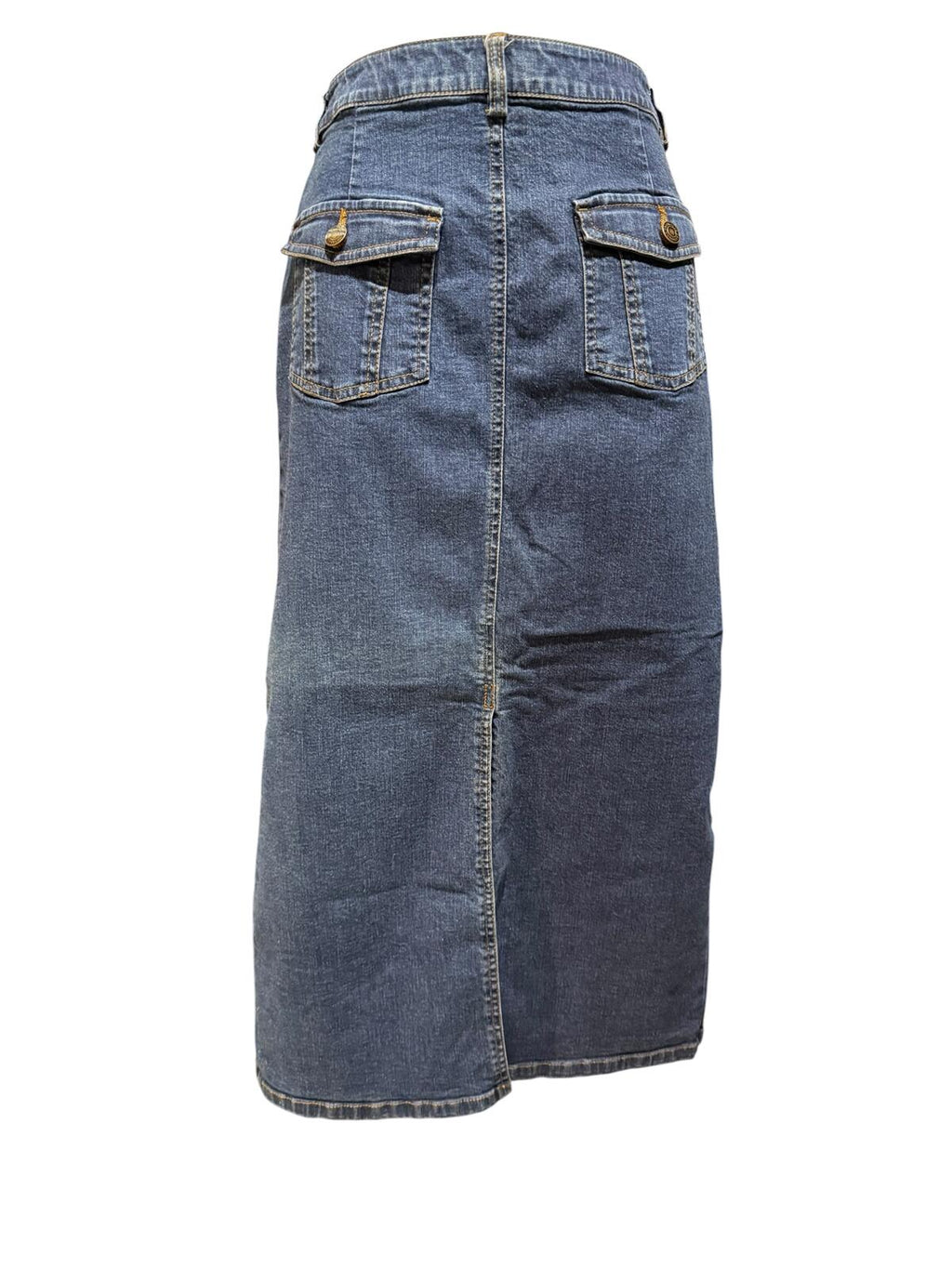 Westbound Classic Blue Denim Midi Skirt with Back Pockets