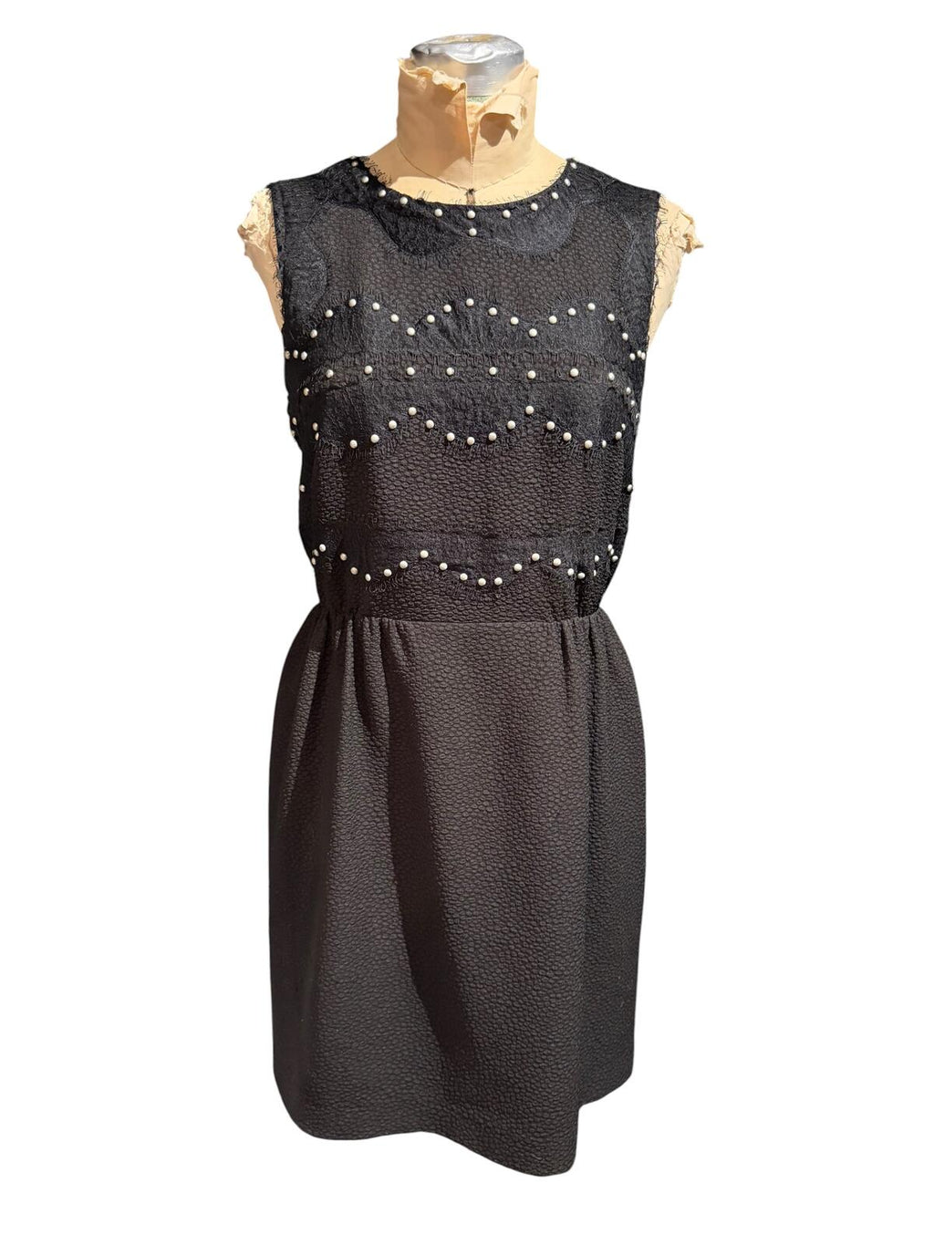 Sandro Sleeveless Black Dress with Pearl Embellishments