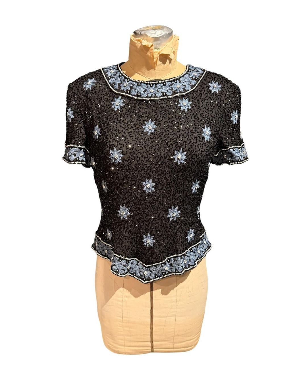 Côte d’Azur Vintage 100% Silk Black Beaded and Embroidered Short Sleeve Top