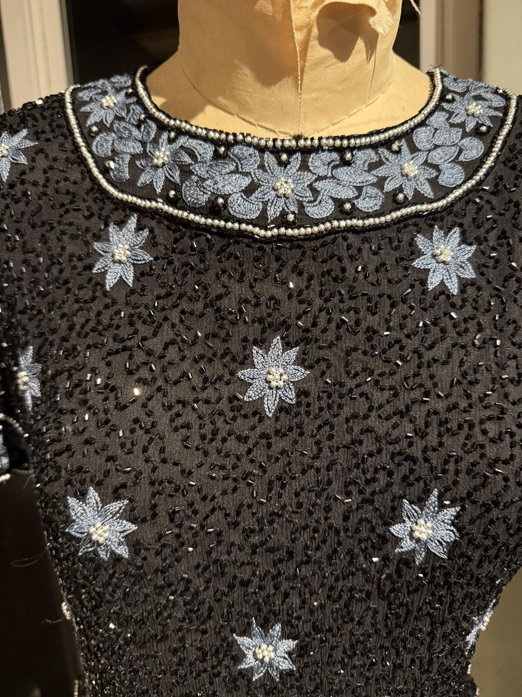Côte d’Azur Vintage 100% Silk Black Beaded and Embroidered Short Sleeve Top