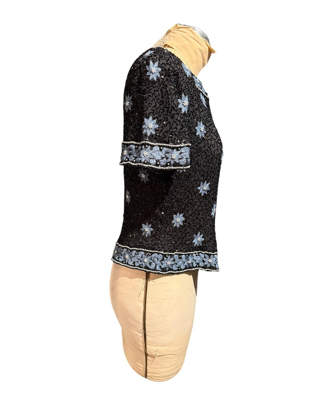 Côte d’Azur Vintage 100% Silk Black Beaded and Embroidered Short Sleeve Top