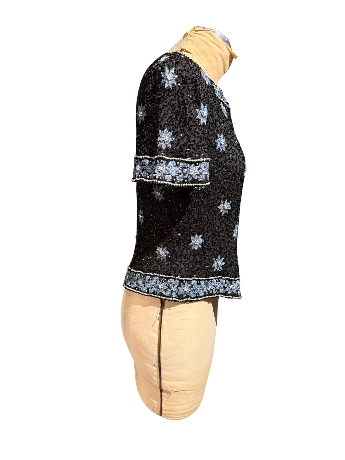 Côte d’Azur Vintage 100% Silk Black Beaded and Embroidered Short Sleeve Top