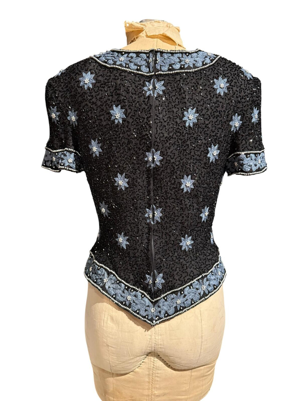 Côte d’Azur Vintage 100% Silk Black Beaded and Embroidered Short Sleeve Top
