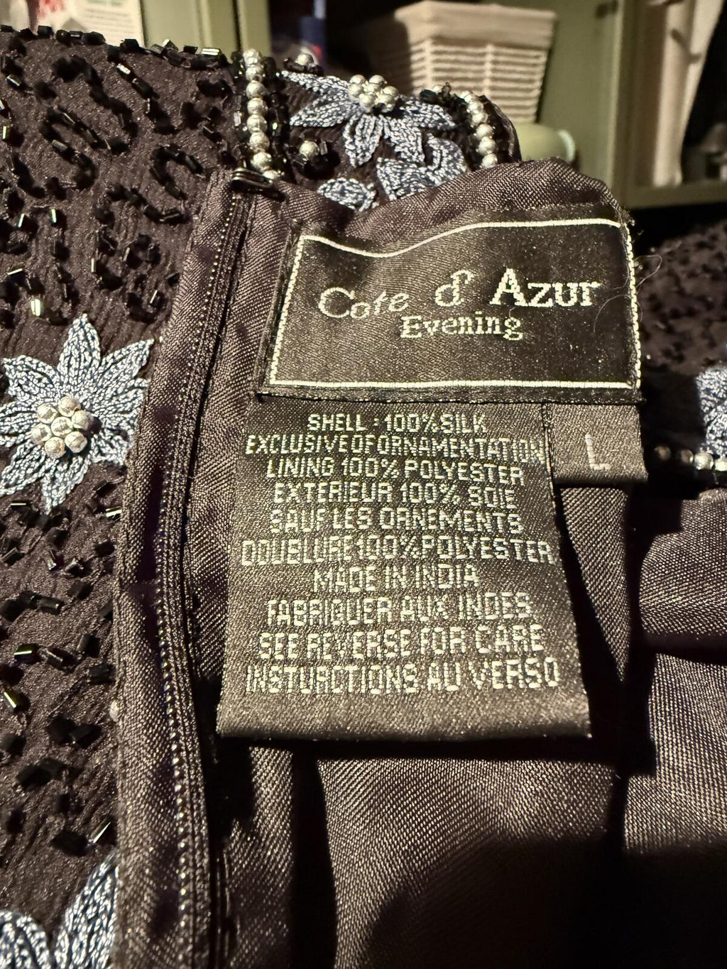 Côte d’Azur Vintage 100% Silk Black Beaded and Embroidered Short Sleeve Top