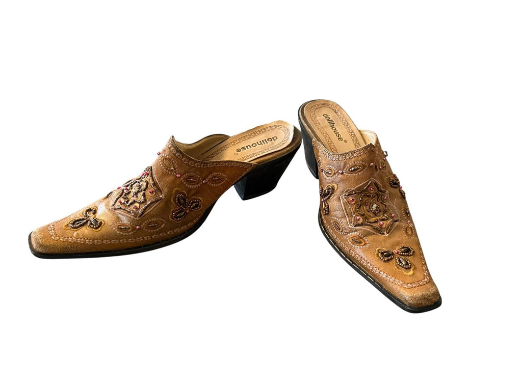 Dollhouse Brown Beaded Embroidered Leather Mule Heels