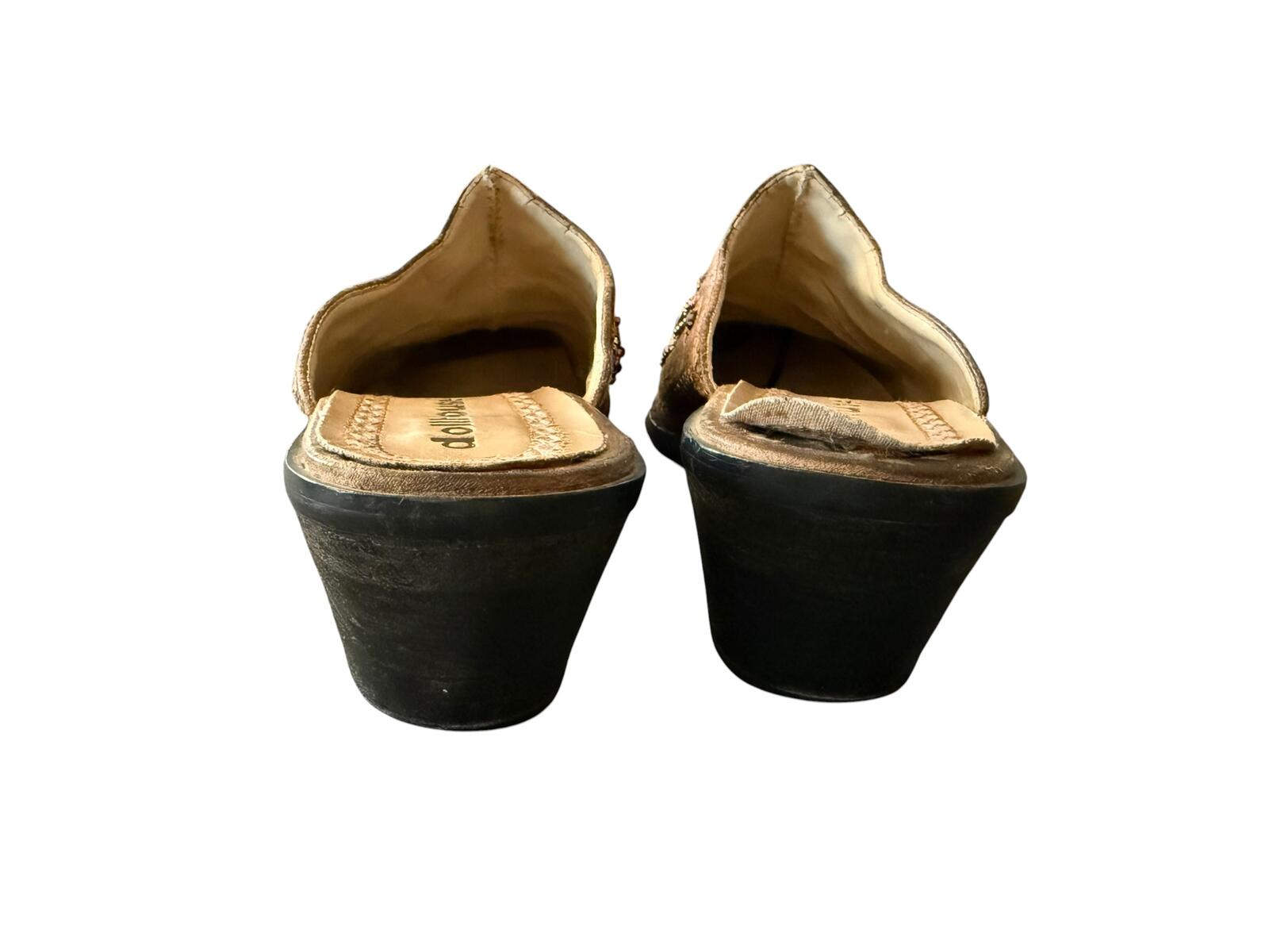Dollhouse Brown Beaded Embroidered Leather Mule Heels