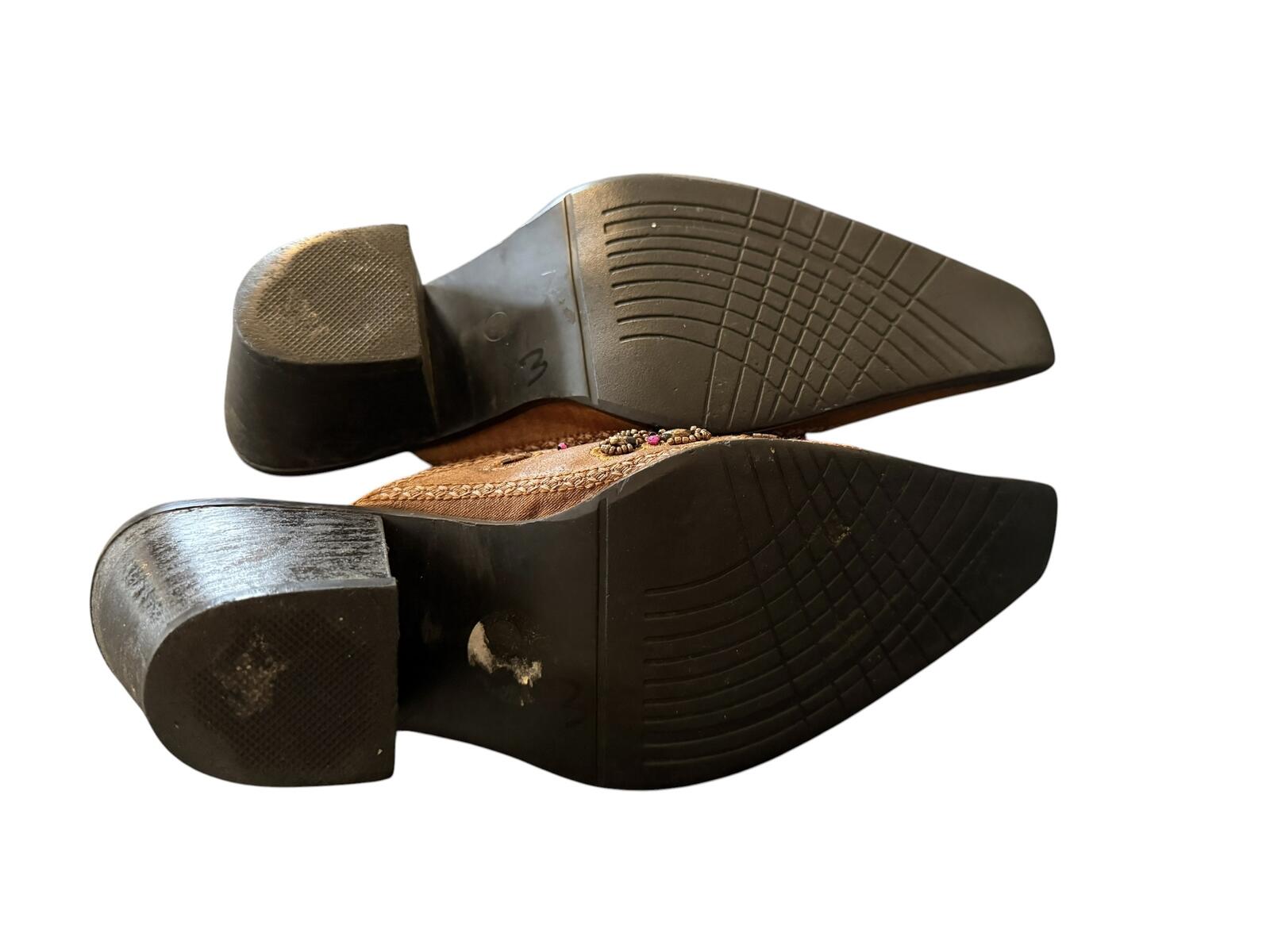 Dollhouse Brown Beaded Embroidered Leather Mule Heels