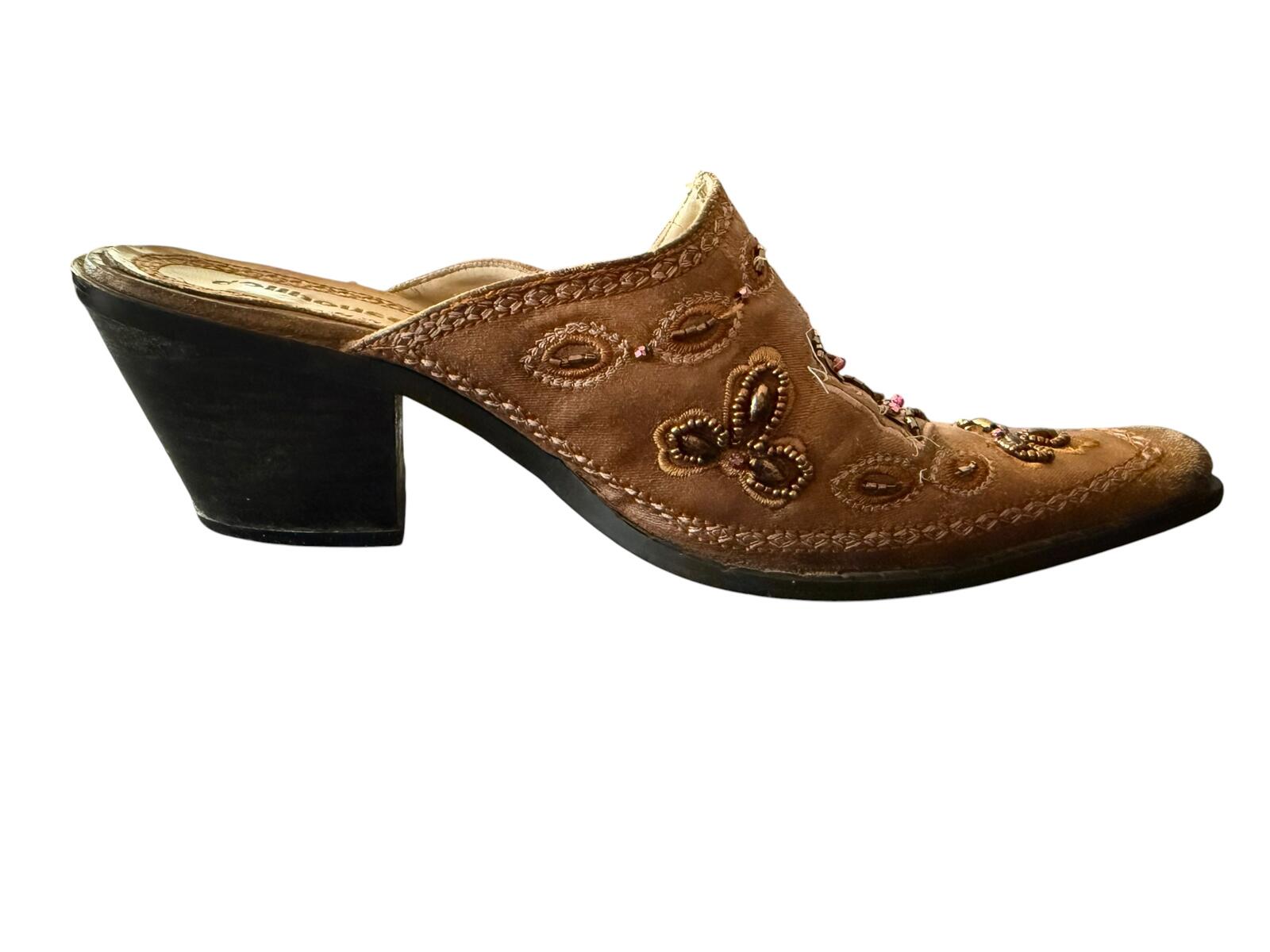 Dollhouse Brown Beaded Embroidered Leather Mule Heels