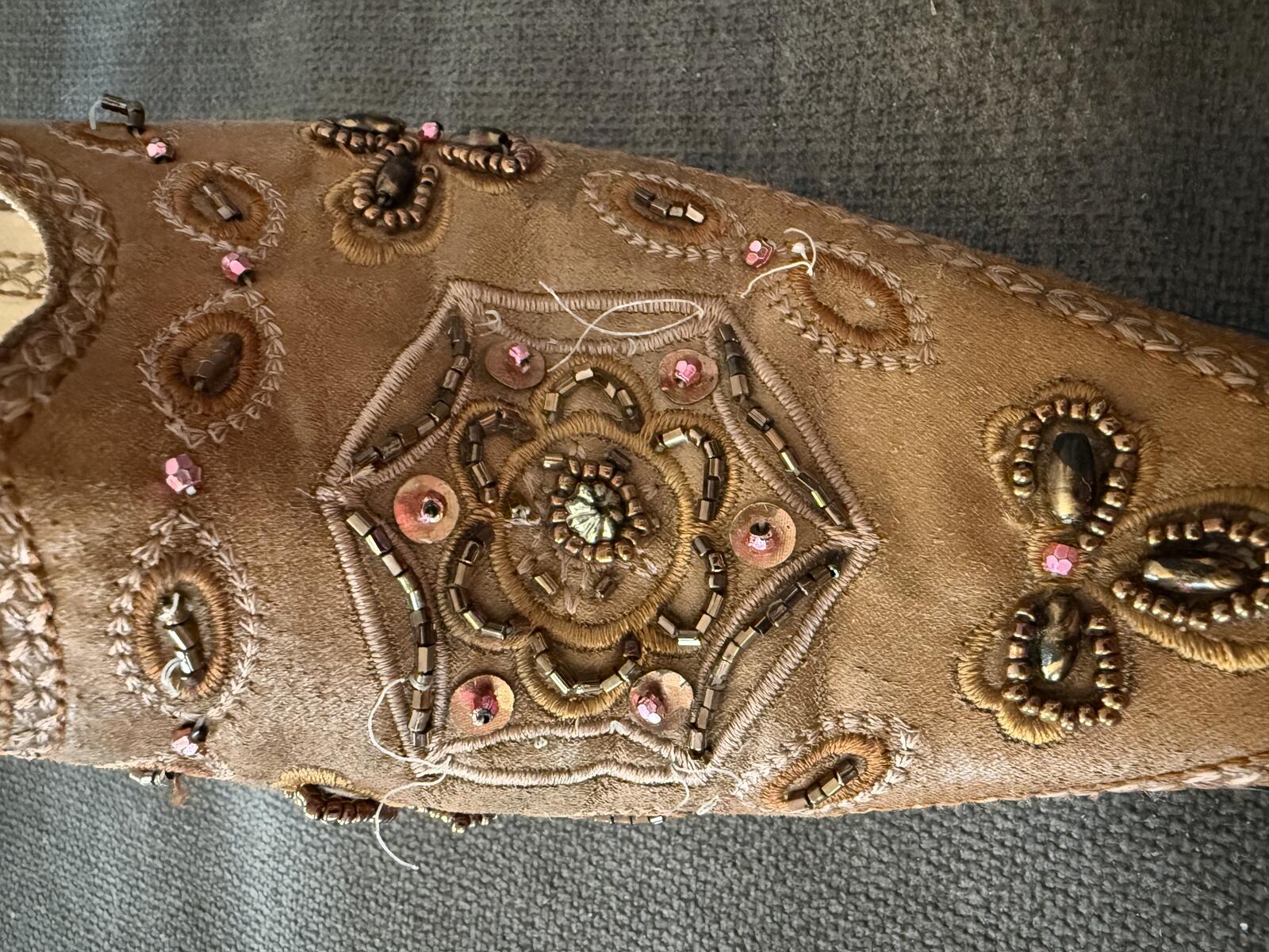 Dollhouse Brown Beaded Embroidered Leather Mule Heels