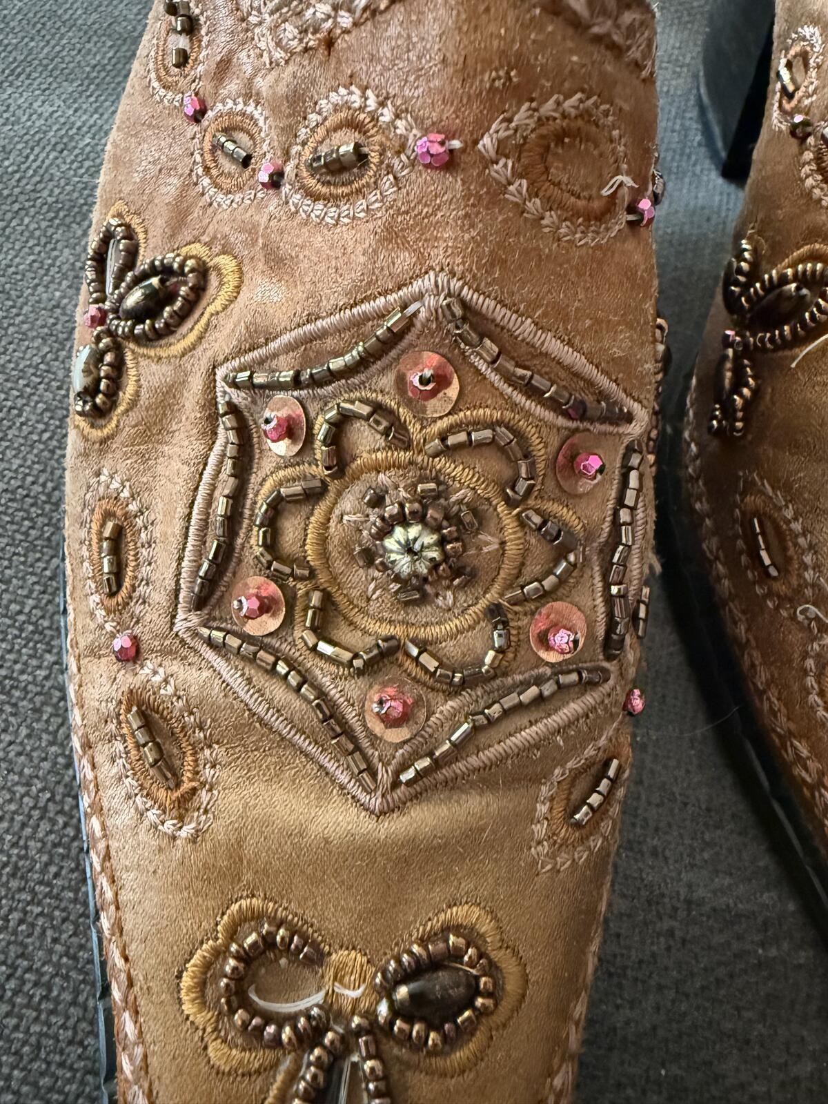 Dollhouse Brown Beaded Embroidered Leather Mule Heels