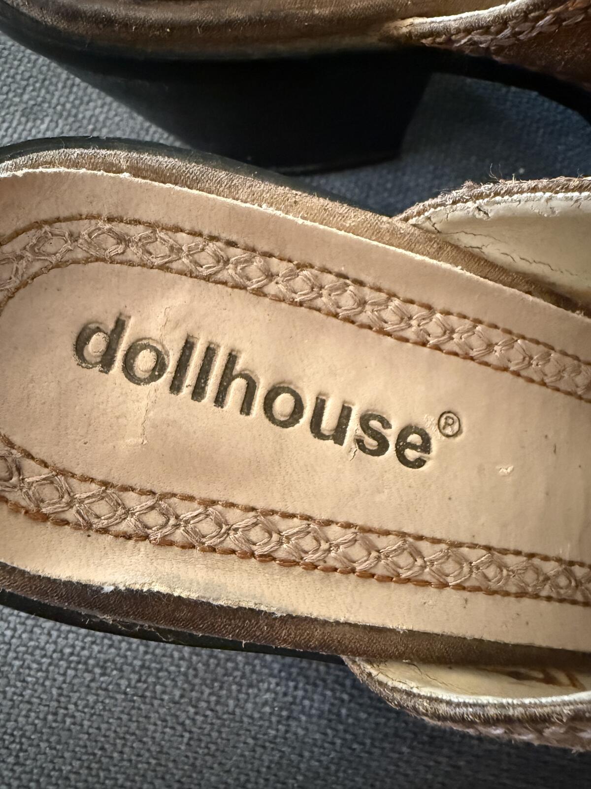 Dollhouse Brown Beaded Embroidered Leather Mule Heels