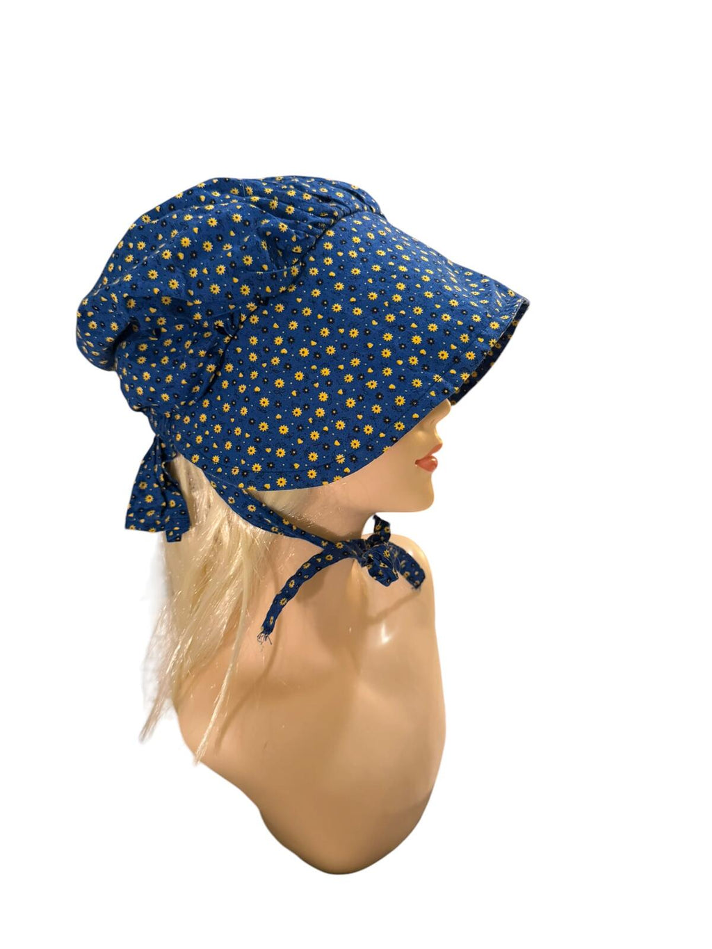 Vintage Blue Floral Bonnet Hat with Tie Strap Holly Hobby