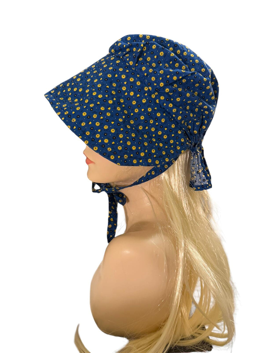 Vintage Blue Floral Bonnet Hat with Tie Strap Holly Hobby