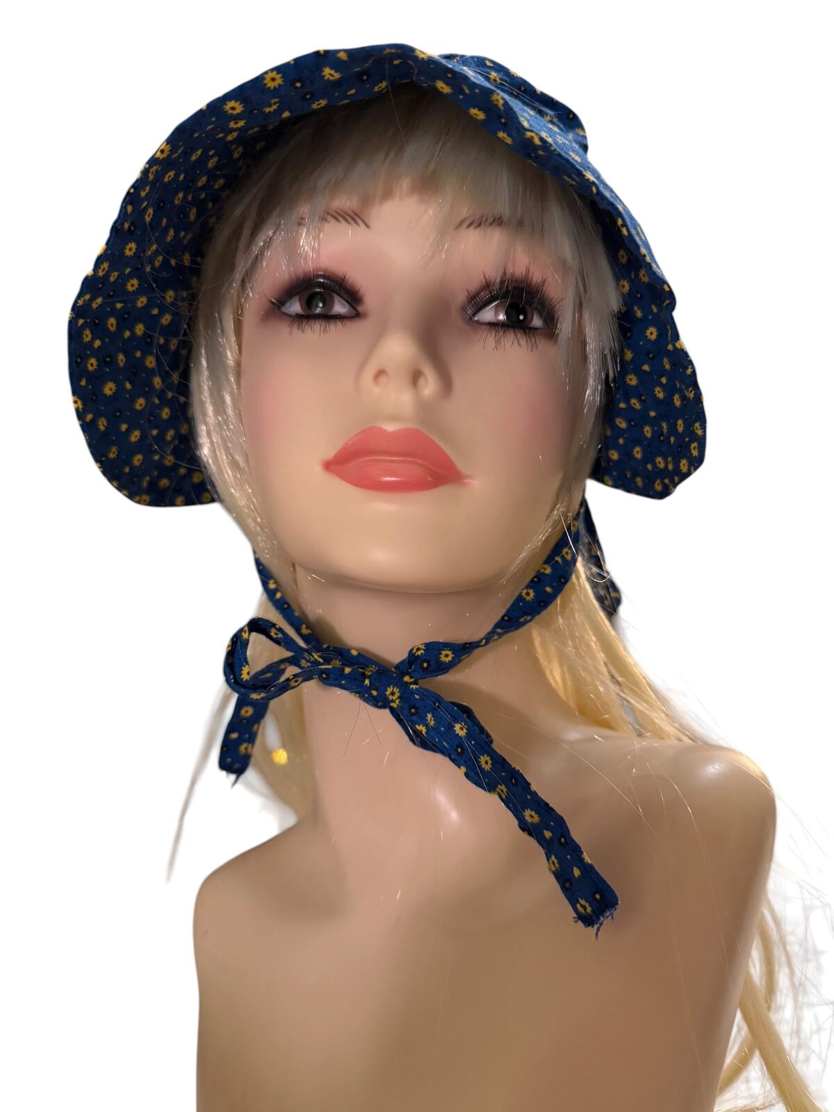 Vintage Blue Floral Bonnet Hat with Tie Strap Holly Hobby