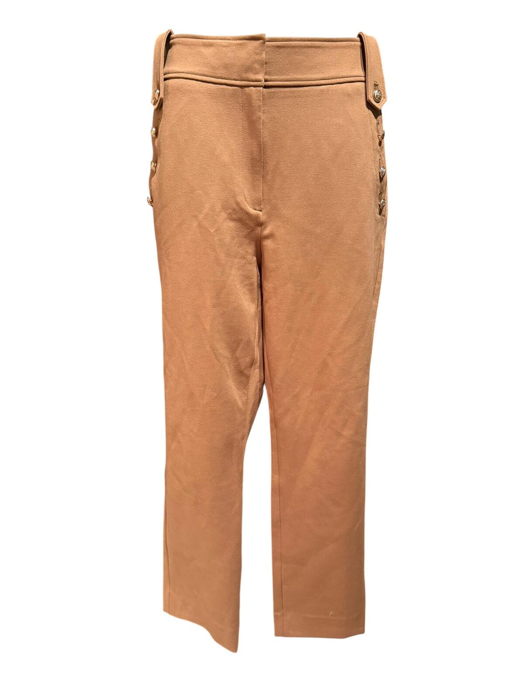 Quince Tan High-Waisted Pants with Decorative Gold Buttons