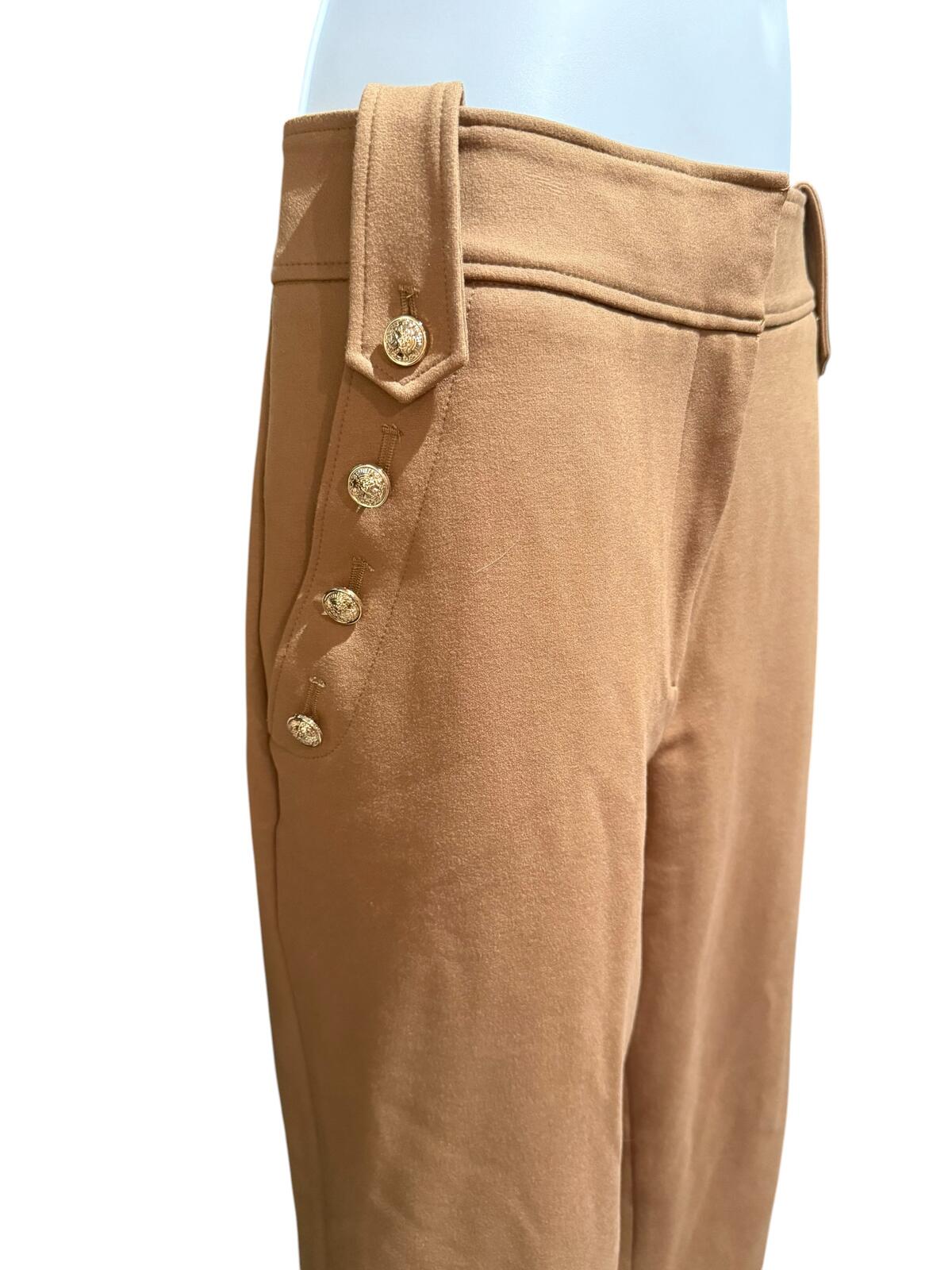 Quince Tan High-Waisted Pants with Decorative Gold Buttons