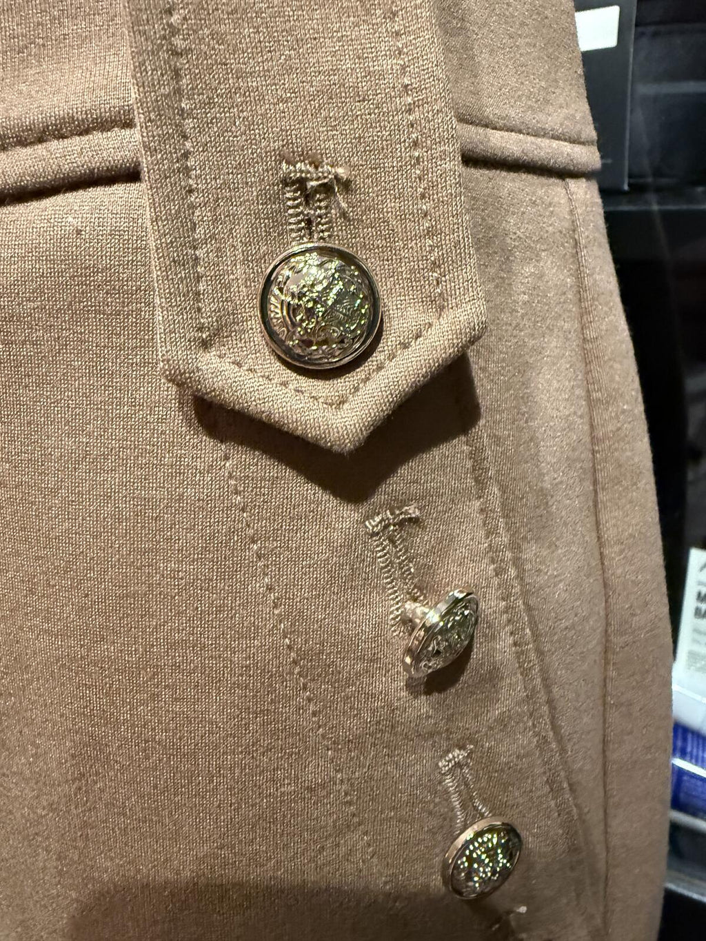 Quince Tan High-Waisted Pants with Decorative Gold Buttons