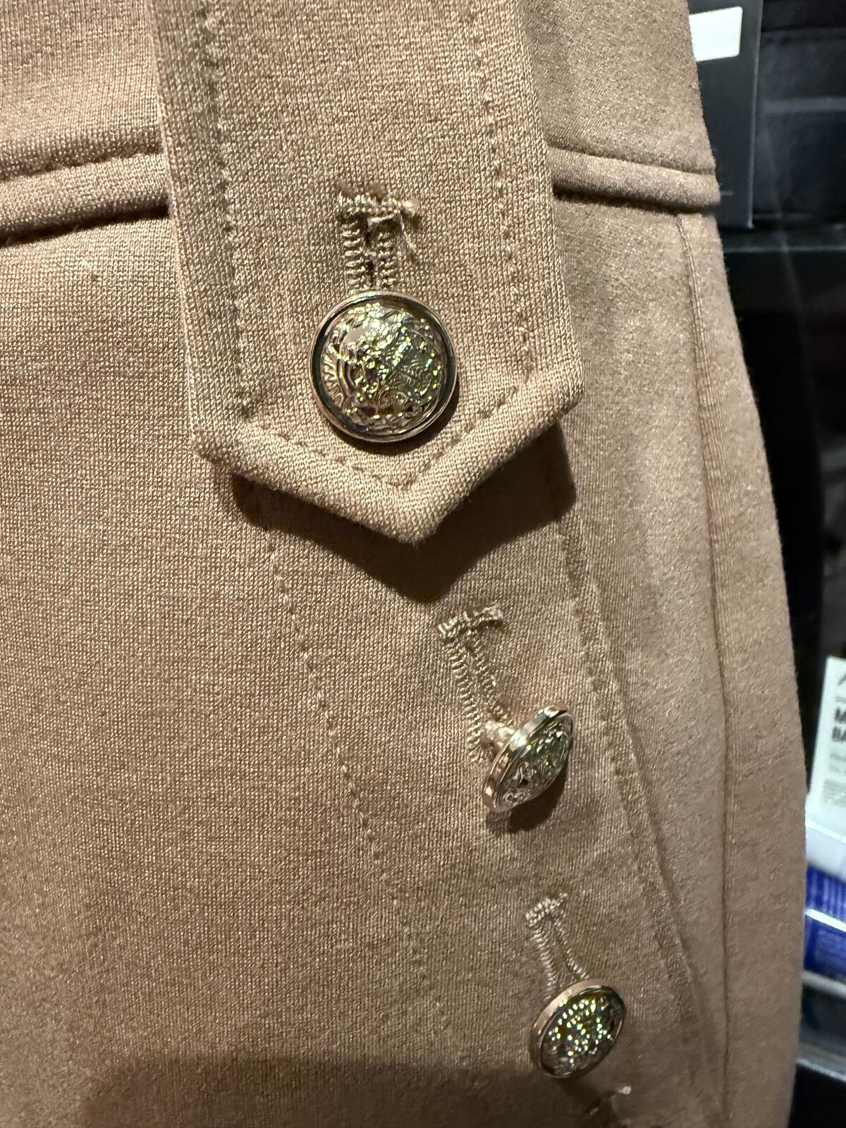 Quince Tan High-Waisted Pants with Decorative Gold Buttons