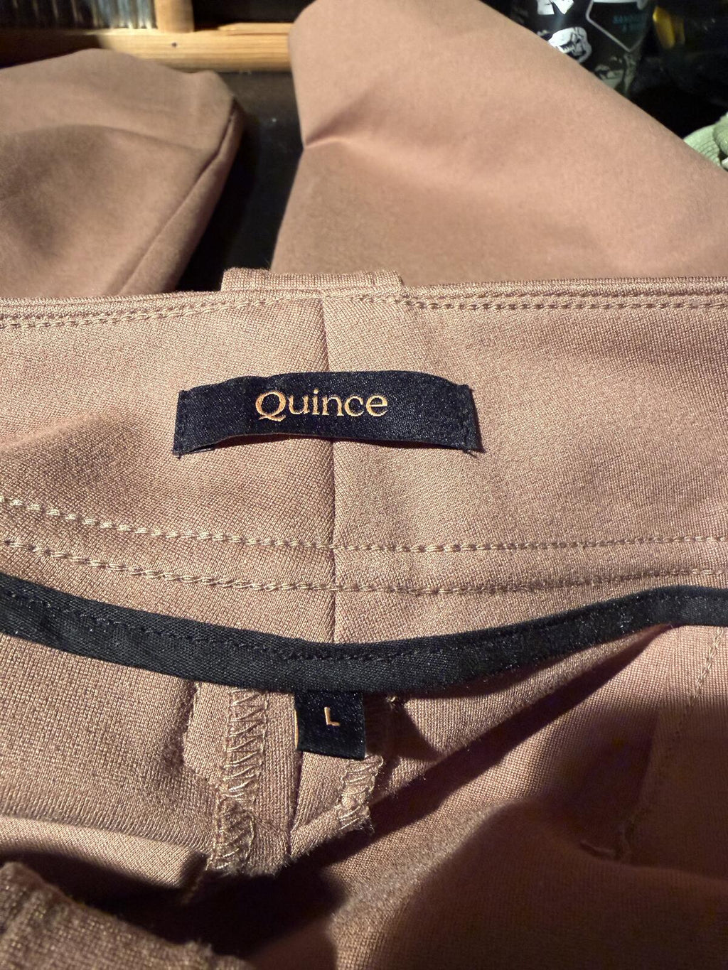 Quince Tan High-Waisted Pants with Decorative Gold Buttons