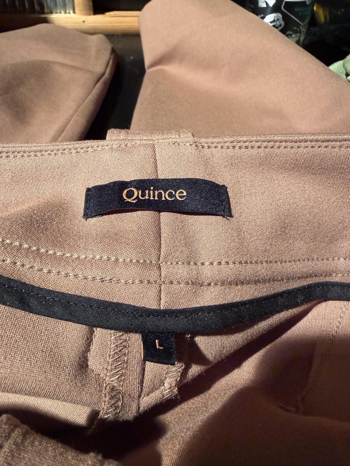 Quince Tan High-Waisted Pants with Decorative Gold Buttons