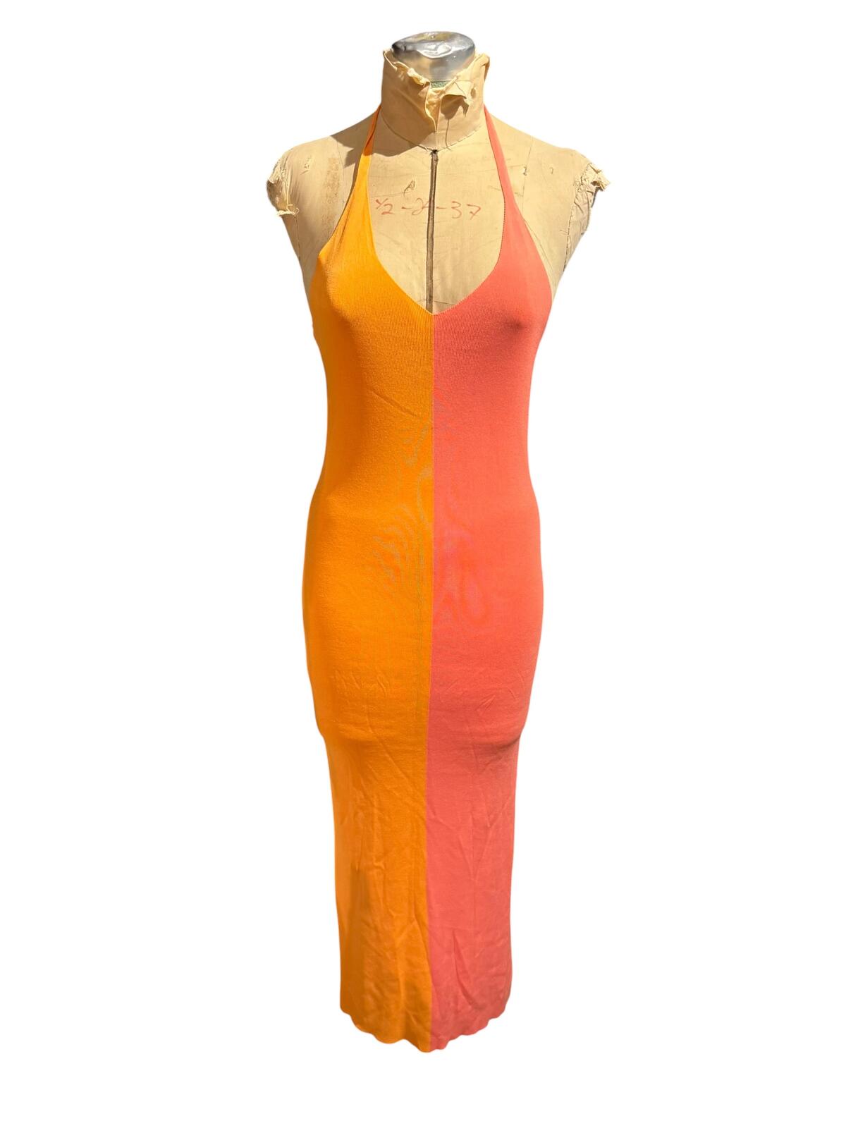 Zara Two-Tone Halter Neck Midi Dress in Orange and Coral