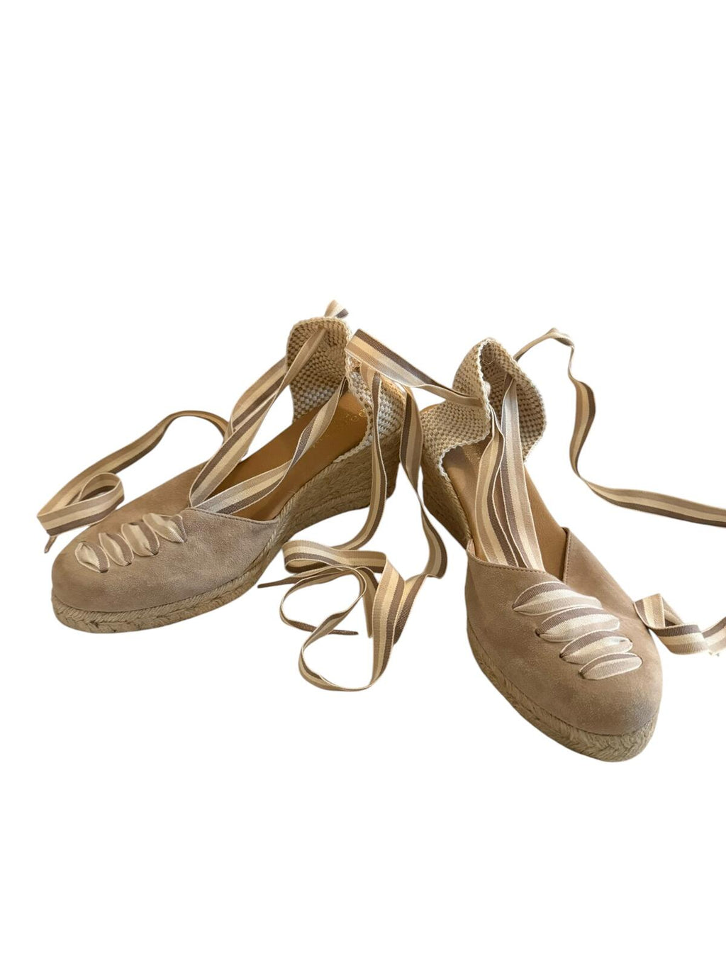 Paseart Beige Espadrille Wedge Sandals with Ankle Wrap