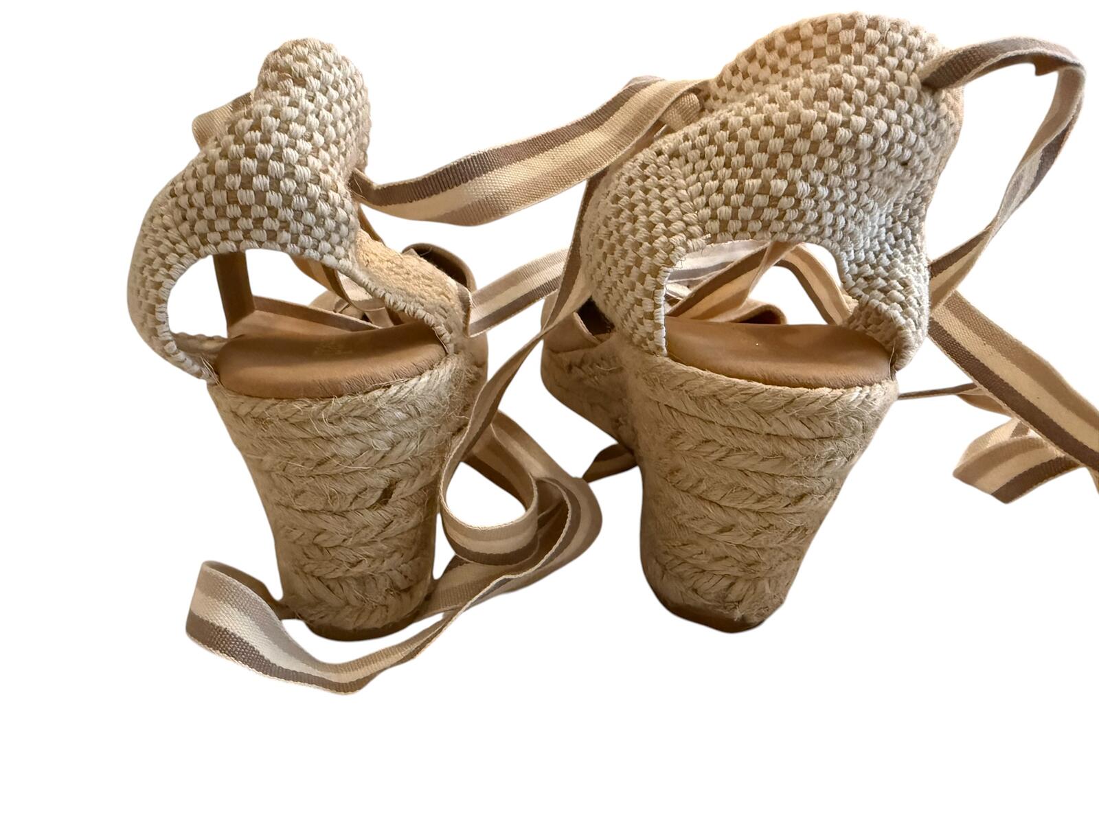 Paseart Beige Espadrille Wedge Sandals with Ankle Wrap