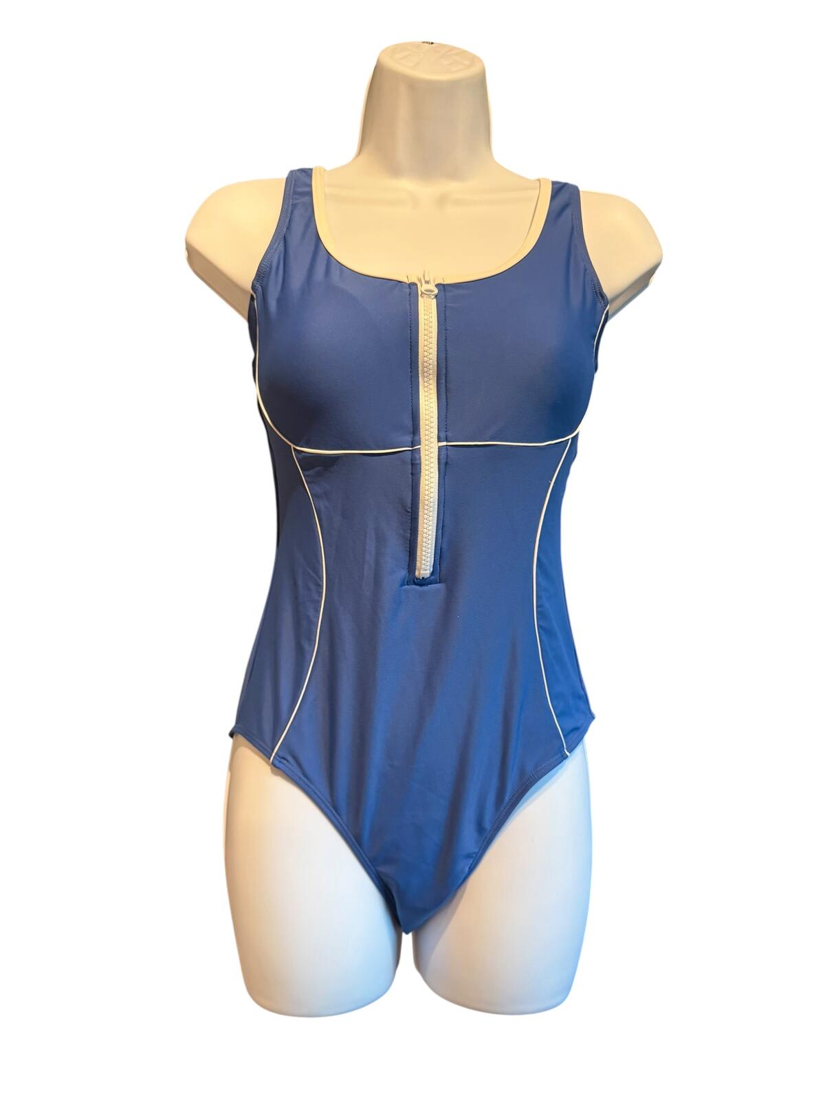 Shekini Blue One-Piece Swimsuit with Front Zipper and Cutout Back