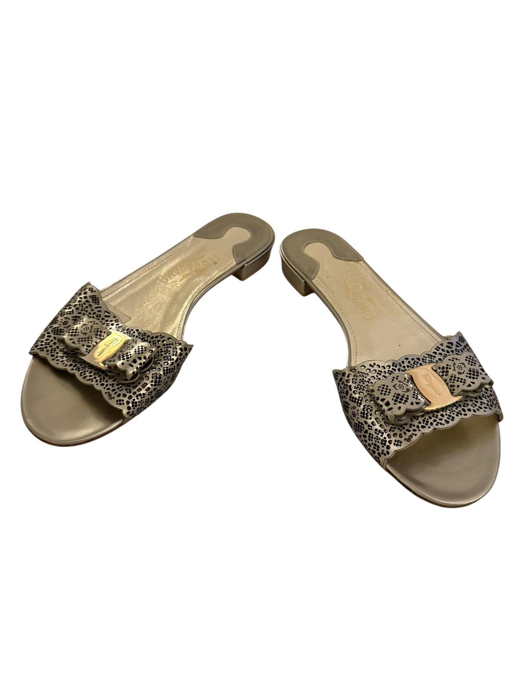 Salvatore Ferragamo Silver Leather Slide Sandals with Bow Accent