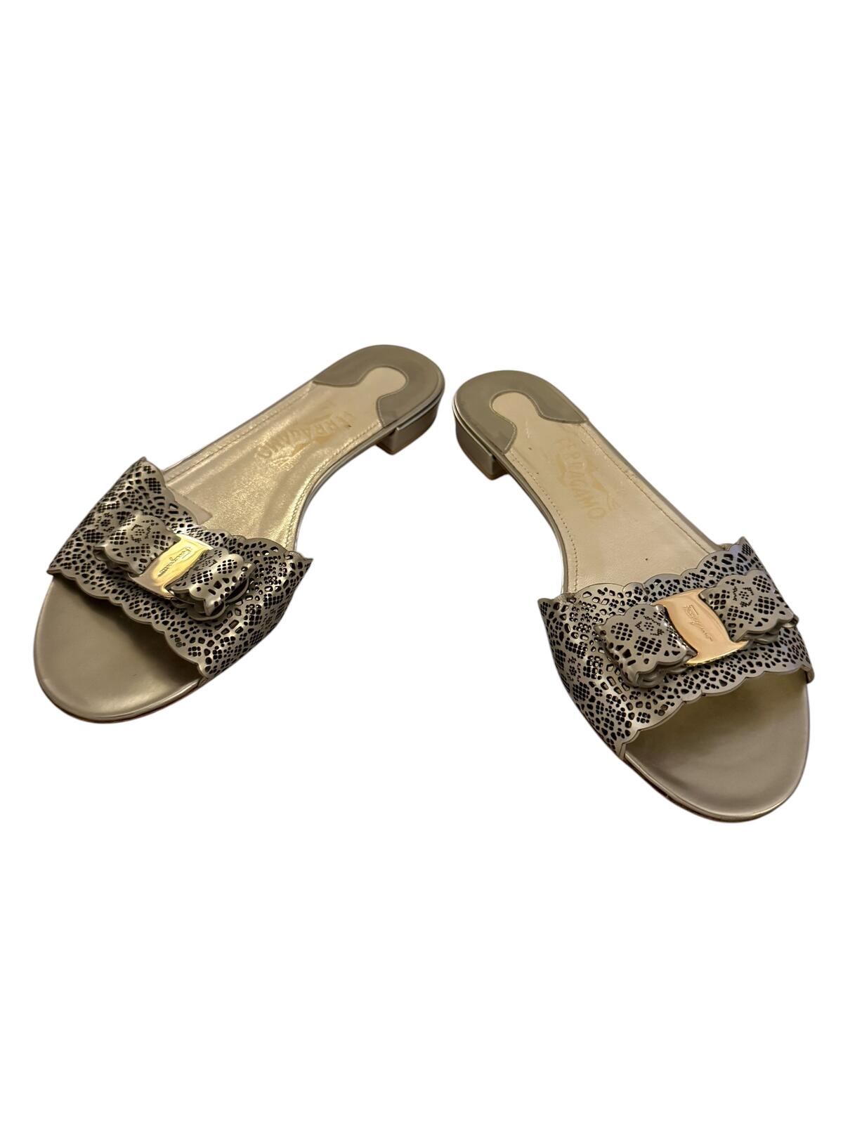 Salvatore Ferragamo Silver Leather Slide Sandals with Bow Accent