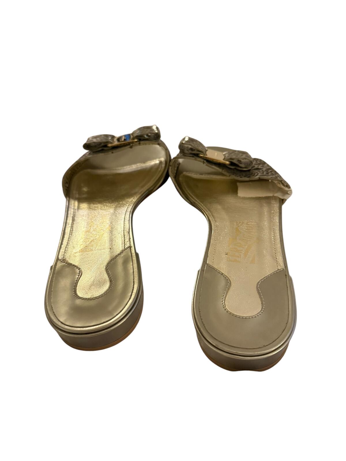 Salvatore Ferragamo Silver Leather Slide Sandals with Bow Accent