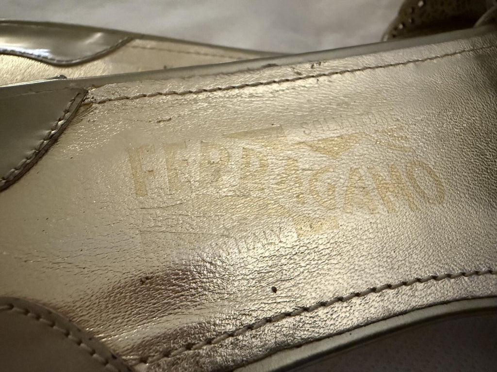Salvatore Ferragamo Silver Leather Slide Sandals with Bow Accent