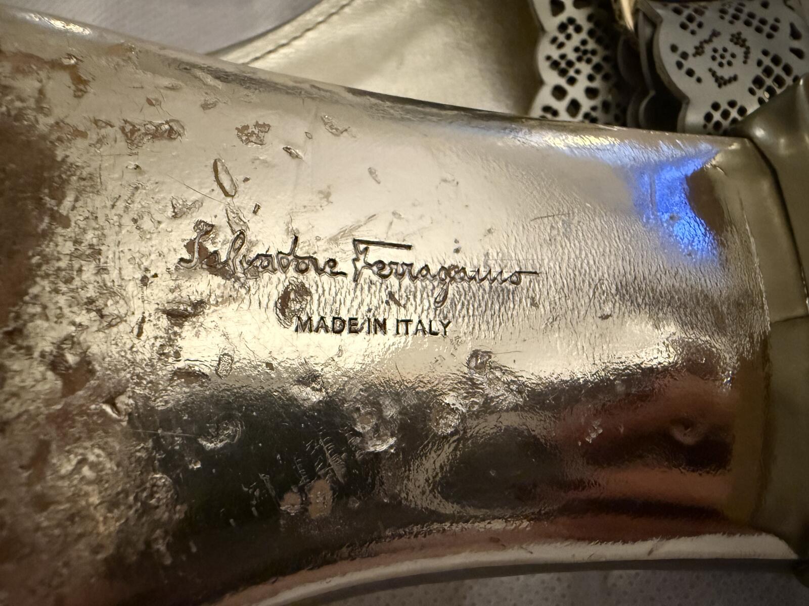 Salvatore Ferragamo Silver Leather Slide Sandals with Bow Accent