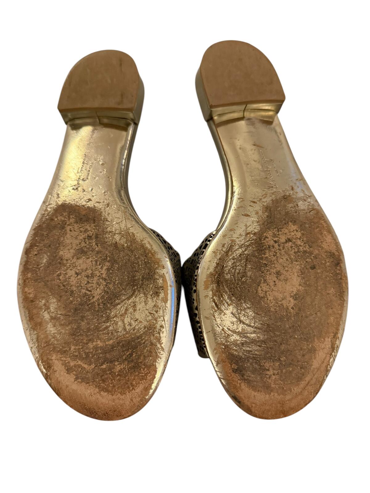 Salvatore Ferragamo Silver Leather Slide Sandals with Bow Accent