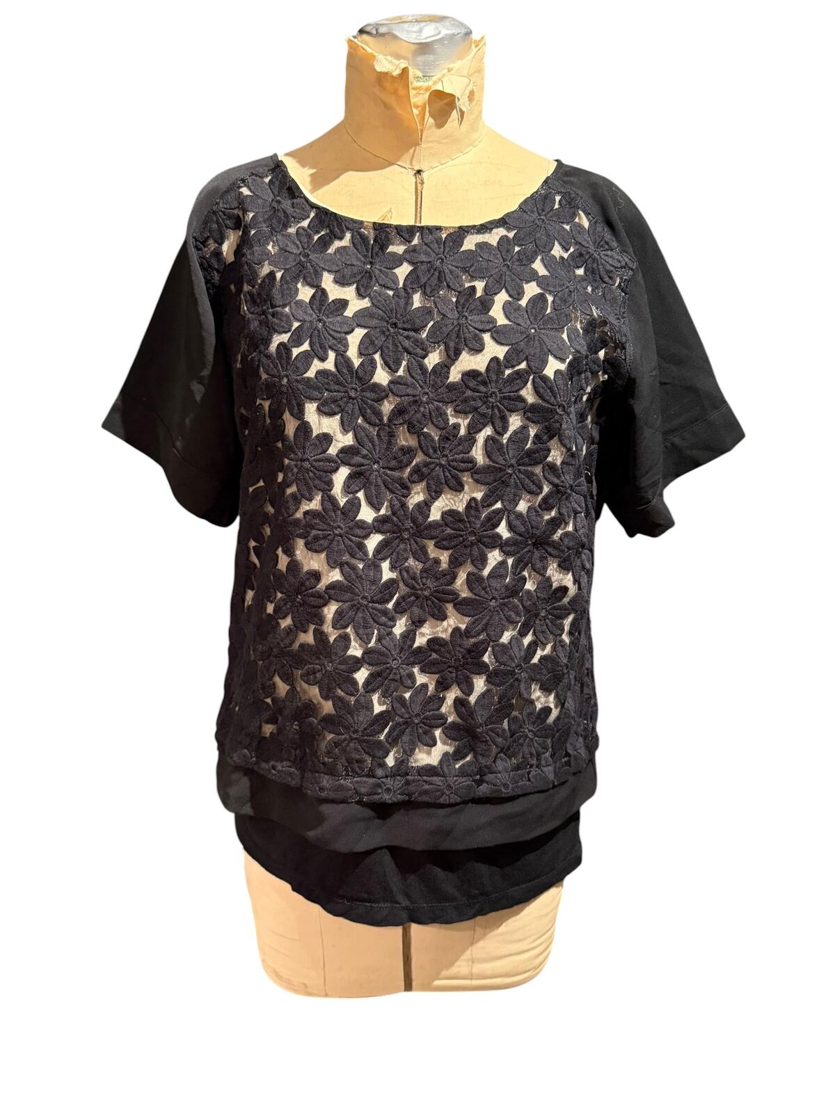Greylin Black Floral Lace Overlay Short Sleeve Top
