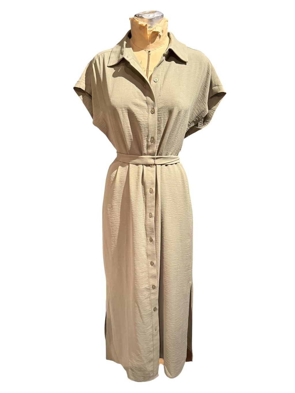 DKNY Beige Button-Up Midi Shirt Dress with Belt