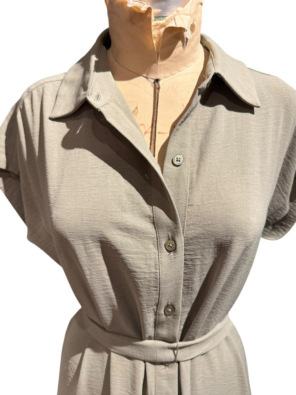 DKNY Beige Button-Up Midi Shirt Dress with Belt