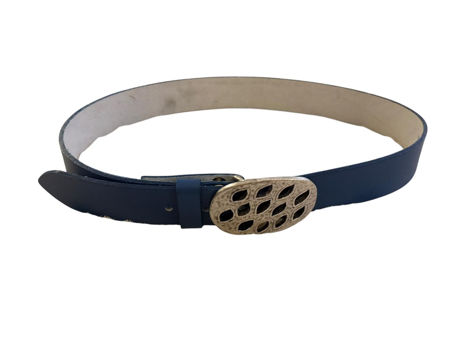 Blue Leather Belt with Unique Silver Cutout Buckle