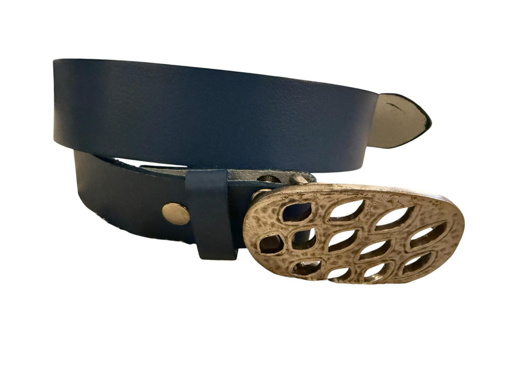 Blue Leather Belt with Unique Silver Cutout Buckle