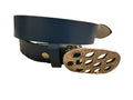 Blue Leather Belt with Unique Silver Cutout Buckle