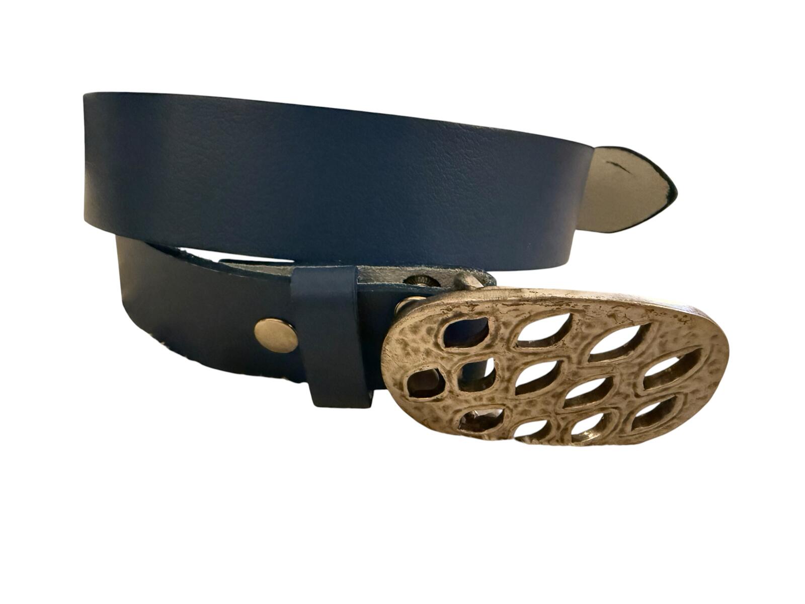 Blue Leather Belt with Unique Silver Cutout Buckle