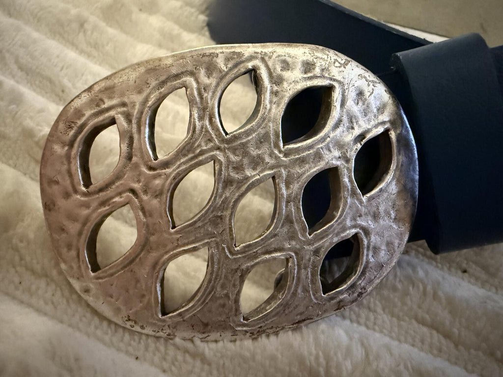 Blue Leather Belt with Unique Silver Cutout Buckle