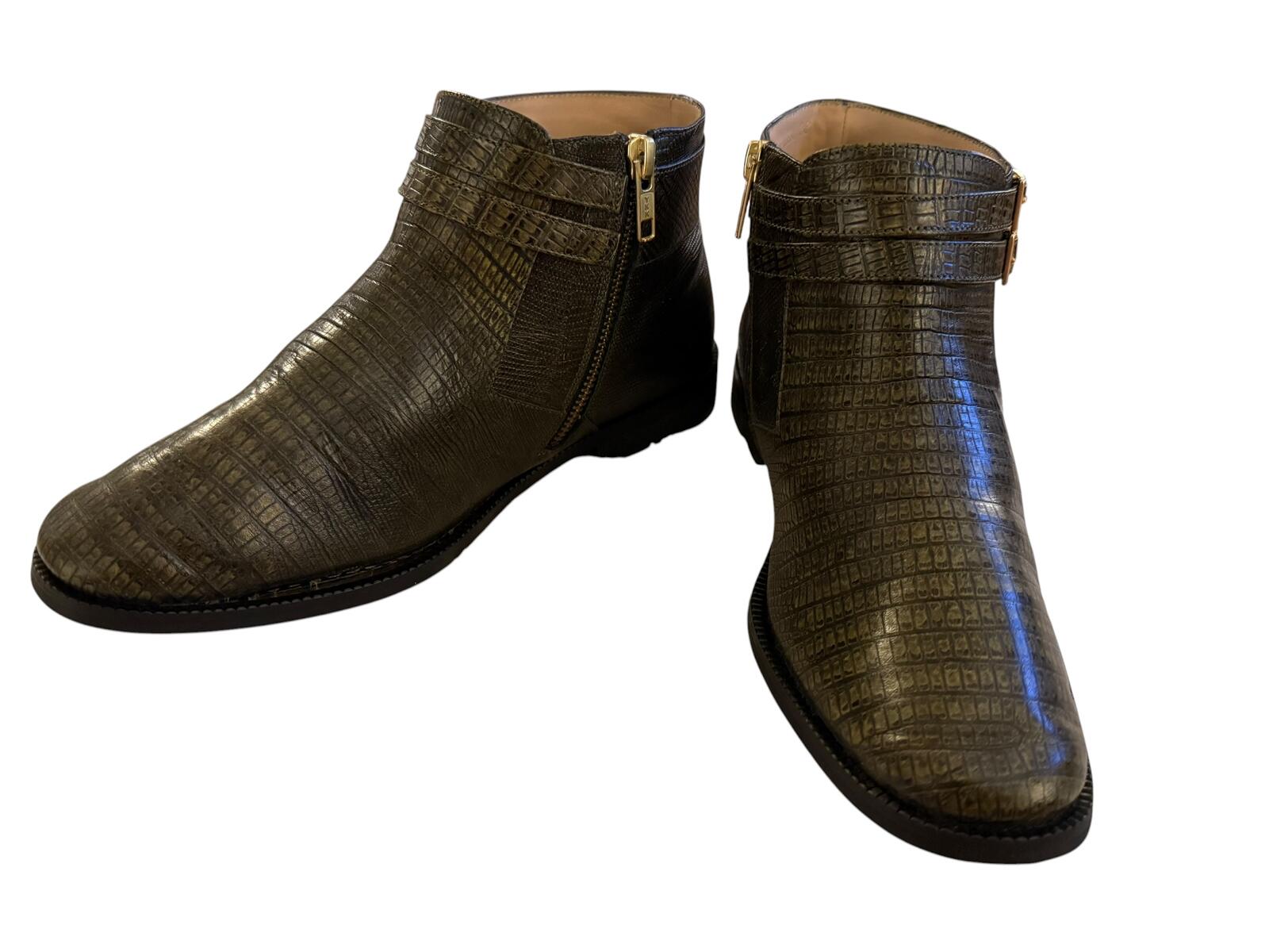 Officina Dark Green Crocodile Pattern Ankle Boots with Buckle Detail