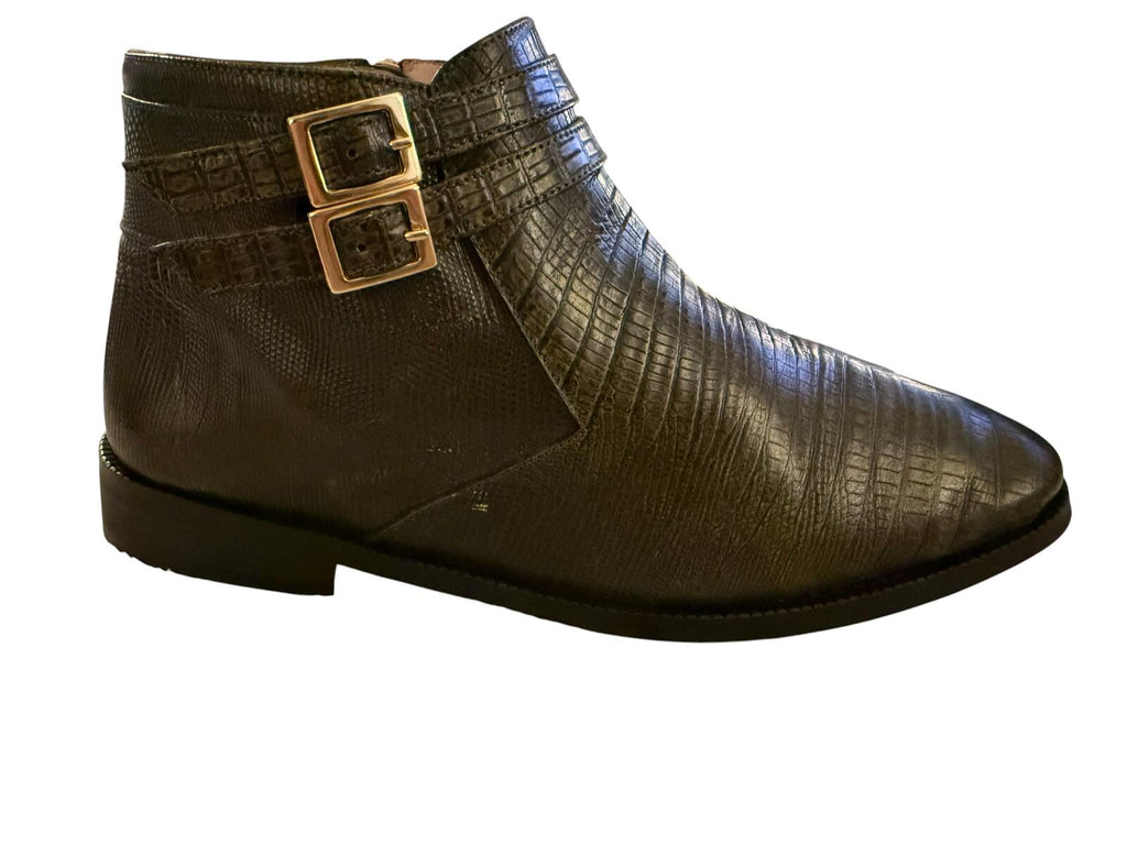 Officina Dark Green Crocodile Pattern Ankle Boots with Buckle Detail