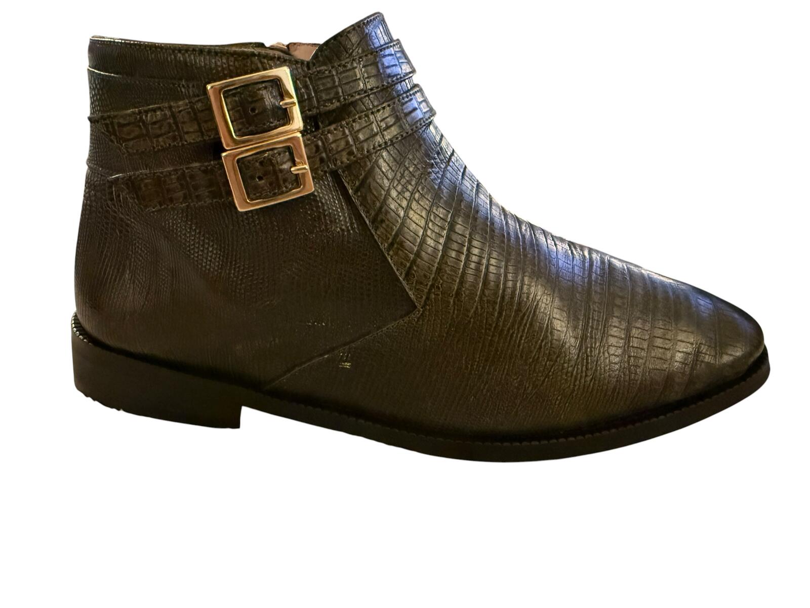 Officina Dark Green Crocodile Pattern Ankle Boots with Buckle Detail