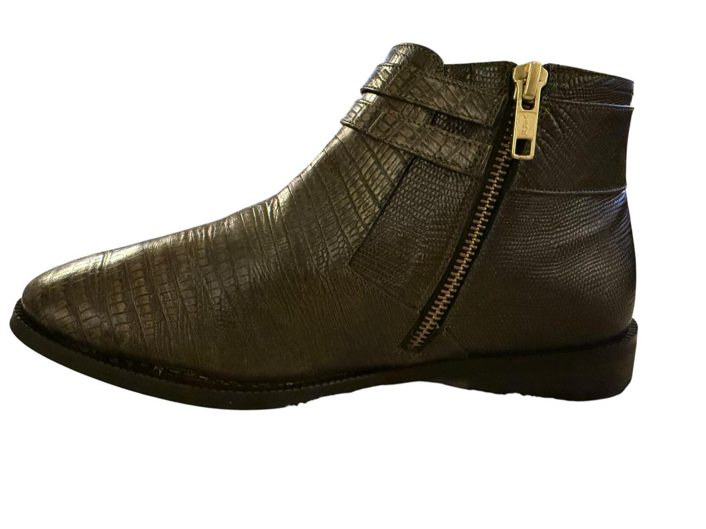 Officina Dark Green Crocodile Pattern Ankle Boots with Buckle Detail